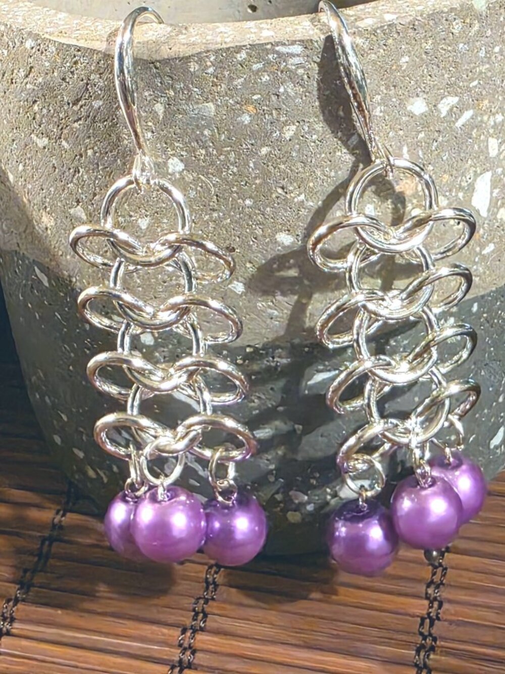 Edgy Berry Purple Glass Pearls Sterling Silver Plated Chainmaille Earrings